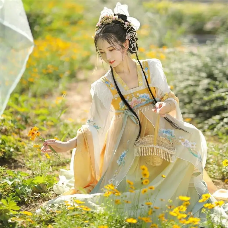 נשים צהוב רקמה פרחונית, שמלה סינית מסורתית Hanfu תחפושת נסיכה פולק בגדי ריקוד - 1