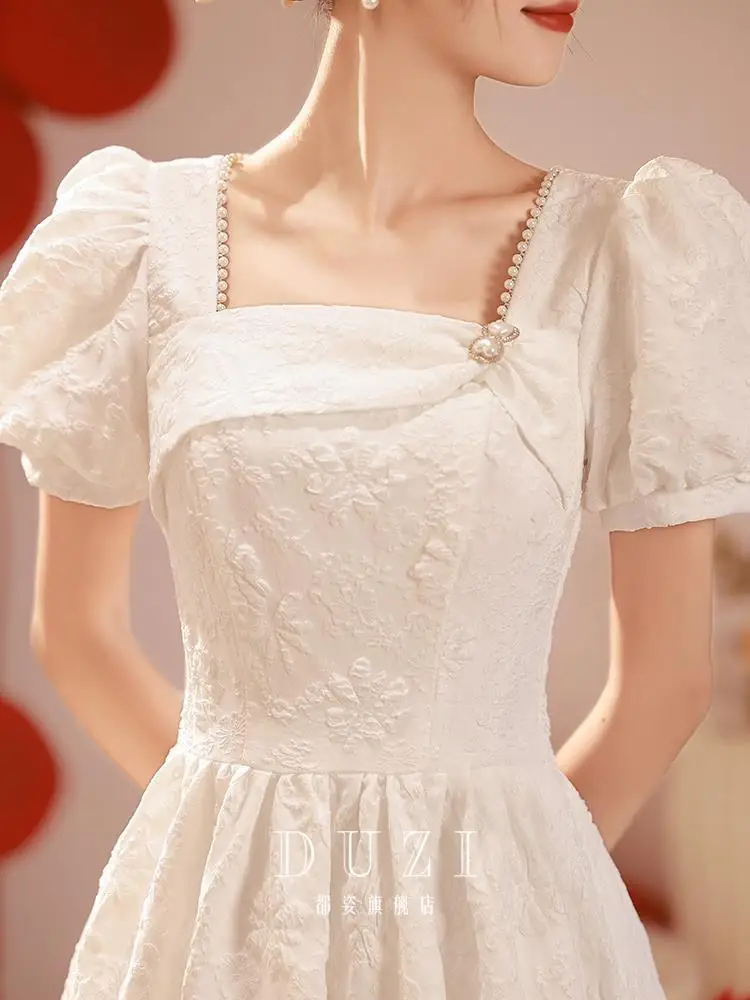 נשים צרפתי לבן שרוול קצר שמלת מסיבת טוסט ביגוד אלגנטי צוואר מרובע שמלת החתונה - 1