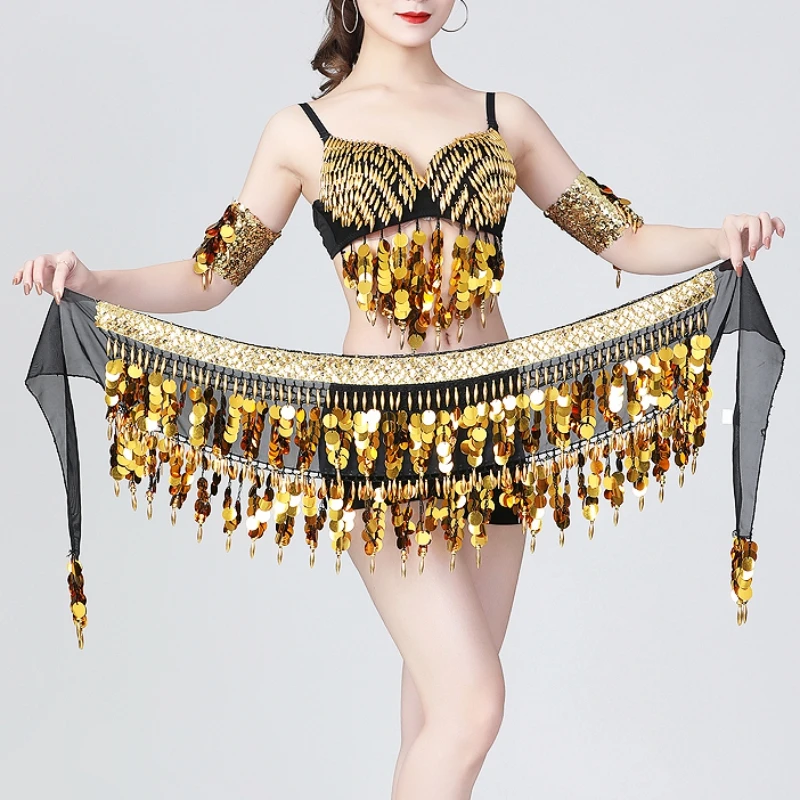 נשים ריקודי בטן היפ צעיף 3 שורה חגורת חצאית עם זהב Bellydance צליל מטבעות המותניים שרשרת גלישה למבוגרים לרקוד ללבוש אביזרים - 1