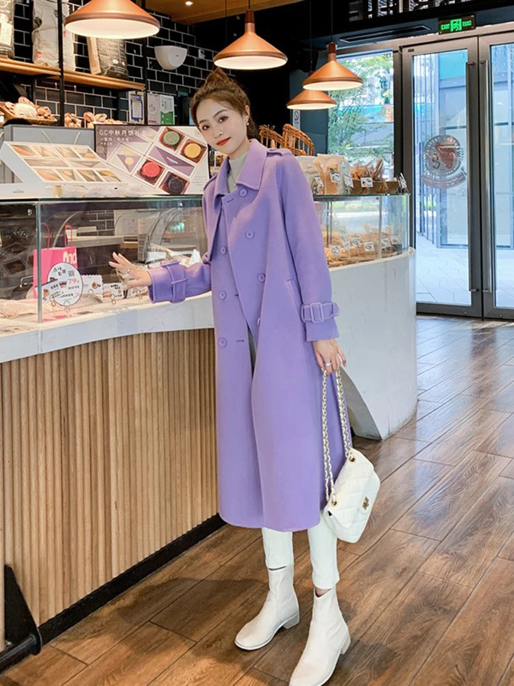 סגנון קוריאני סגול עדין צמר מעיל נשים חדש ארוך שרוול מעיל הסתיו והחורף בדרגה גבוהה אמצע אורך צמר מעיל - 1