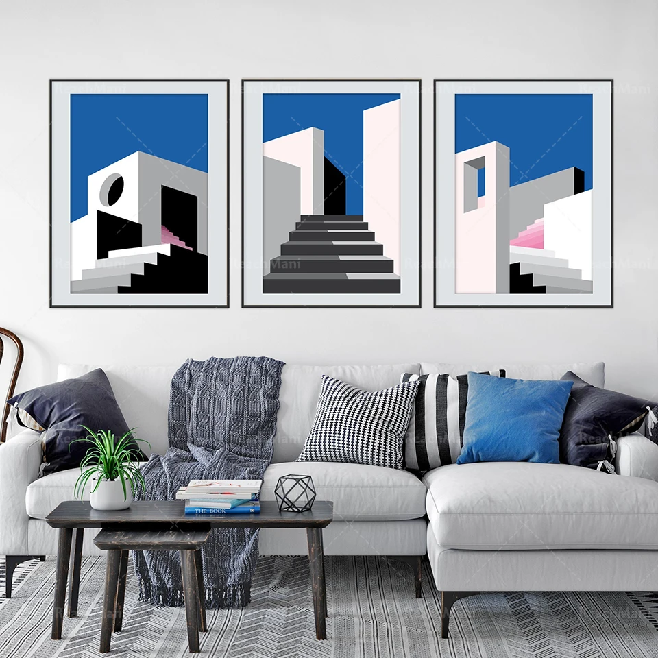 סקנדינביה הדפסה, אמצע המאה מודרני קיר בעיצוב סט של 3, נורדי פנורמה כחול, נוף מינימליסטי המופשט הגיאומטרי באמנות, מ' - 1