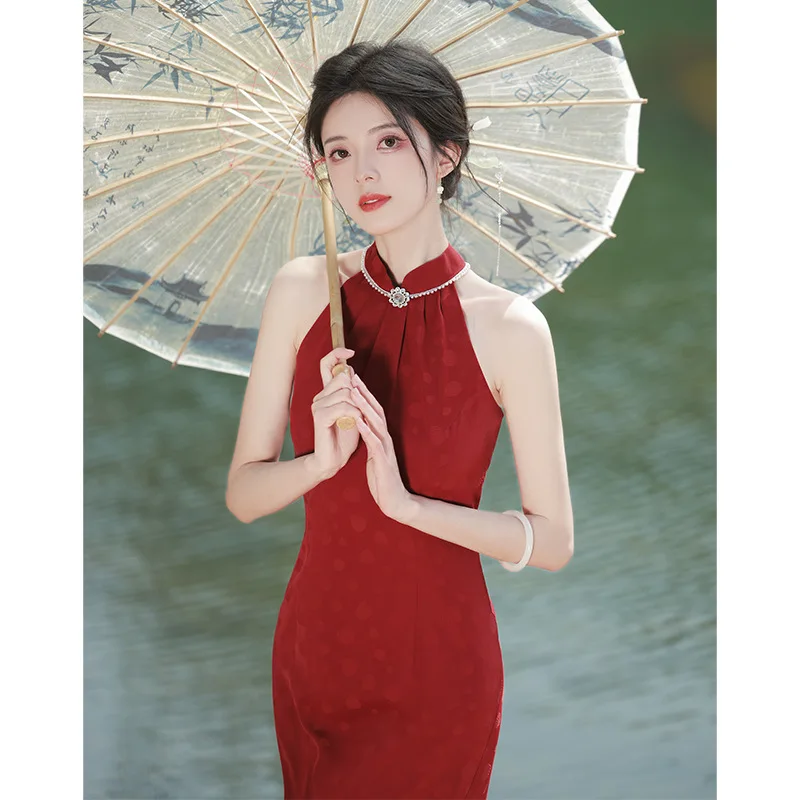 סקסית Cheongsam טוסט בגדים חדשים סיני לנשים שמלות כלה אדום הקולר רשמית מסיבת ערב 2023 שמלה חדשה שמלת האירוסין - 1