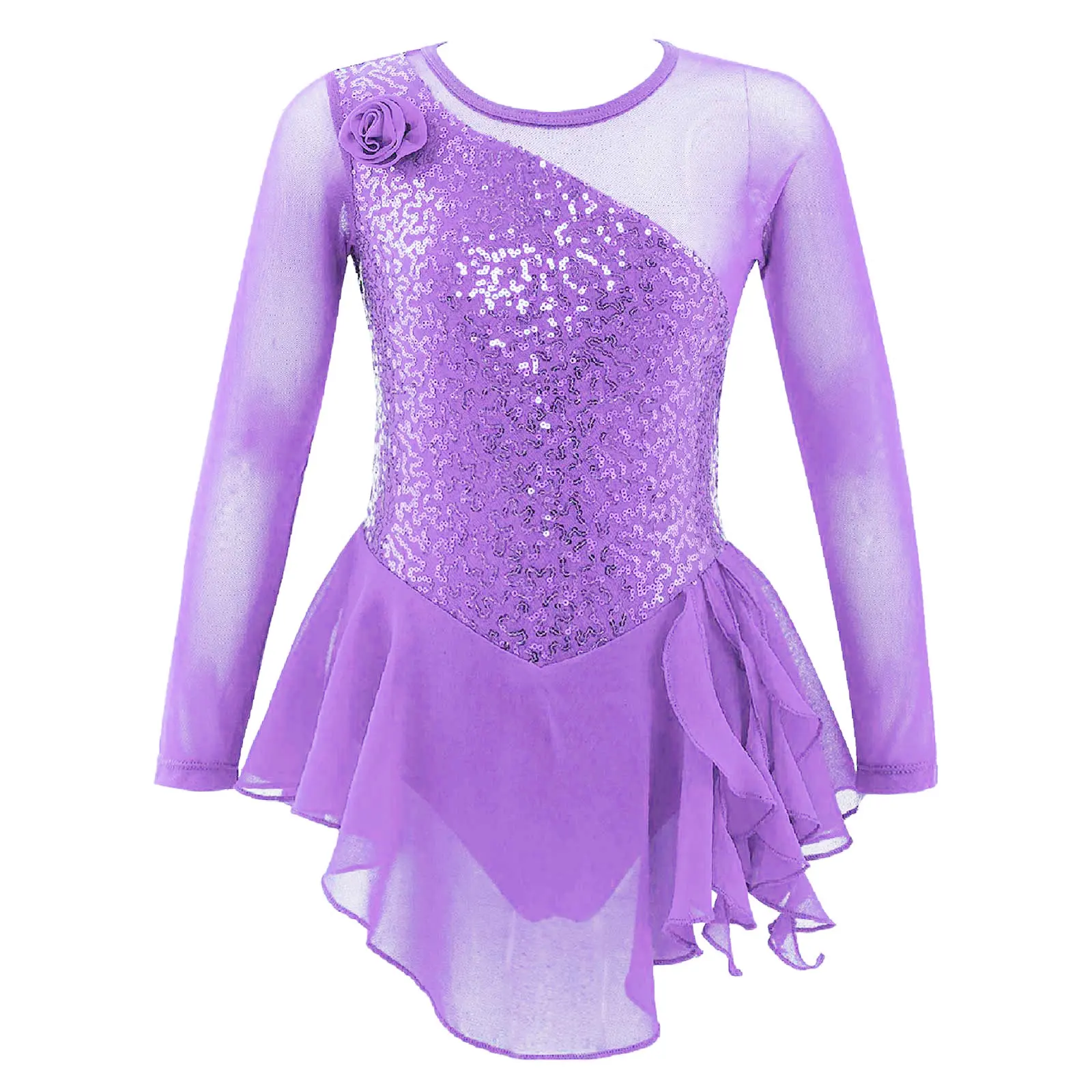 פעוטות בנות רולר Sakting בלט Dancewear שמלה שרוול ארוך פאייטים עיצוב פרח מול הילדים דמות החלקה על הקרח, שמלת ריקוד - 1