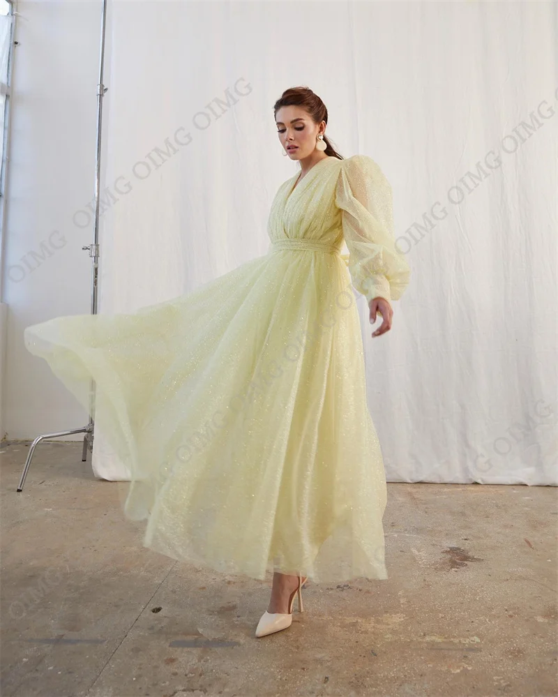 צהוב נצנצים בלינג ערב רשמי שמלה ארוכה נשים אלגנטי 2023 צוואר V מלאה שרוולים קפלים קו אורך רצפת שמלת נשף - 1