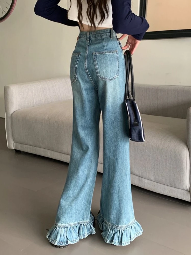 רחב הרגל ג 'ינס נשים S-4XL קפלים עיצוב ג' ינס מכנסיים אופנת רחוב שטף אישי נשי Джинсы Y2k בגדים וינטג ' אמריקאי - 1