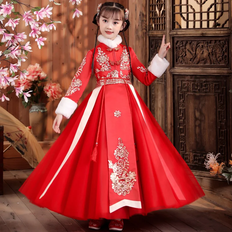 2 צבעים בסגנון סיני לילדים Hanfu השמלה סט משובח אדום ורוד לעבות צמר השנה החדשה הנסיכה שכמייה, חצאית Elegent טאנג חליפה - 2