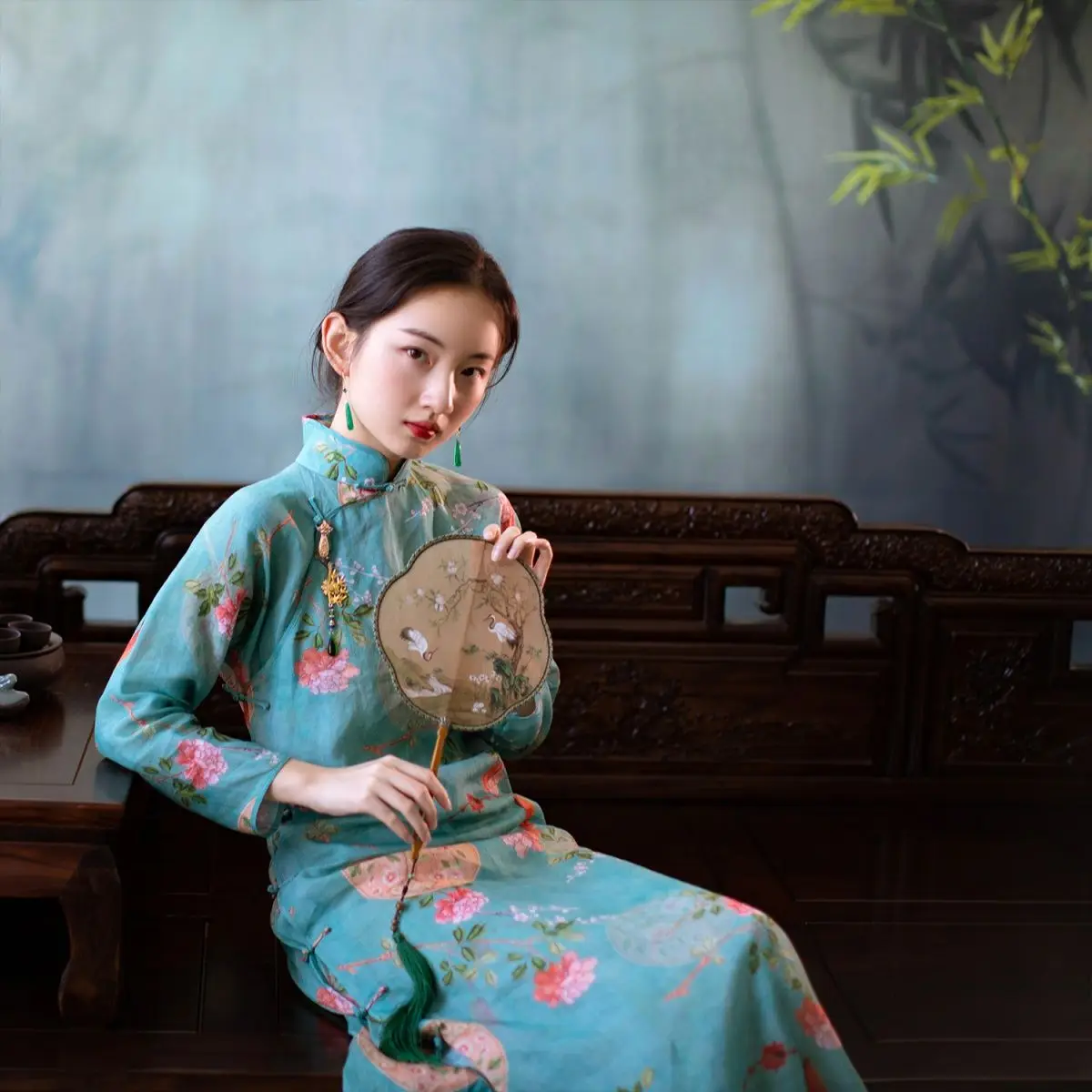 2022 אביב מקרית הסינית המסורתית צ ' יפאו נשי רטרו כחול הרפובליקה בסגנון אלגנטי חיקוי פשתן לחגור Cheongsam שמלת - 2