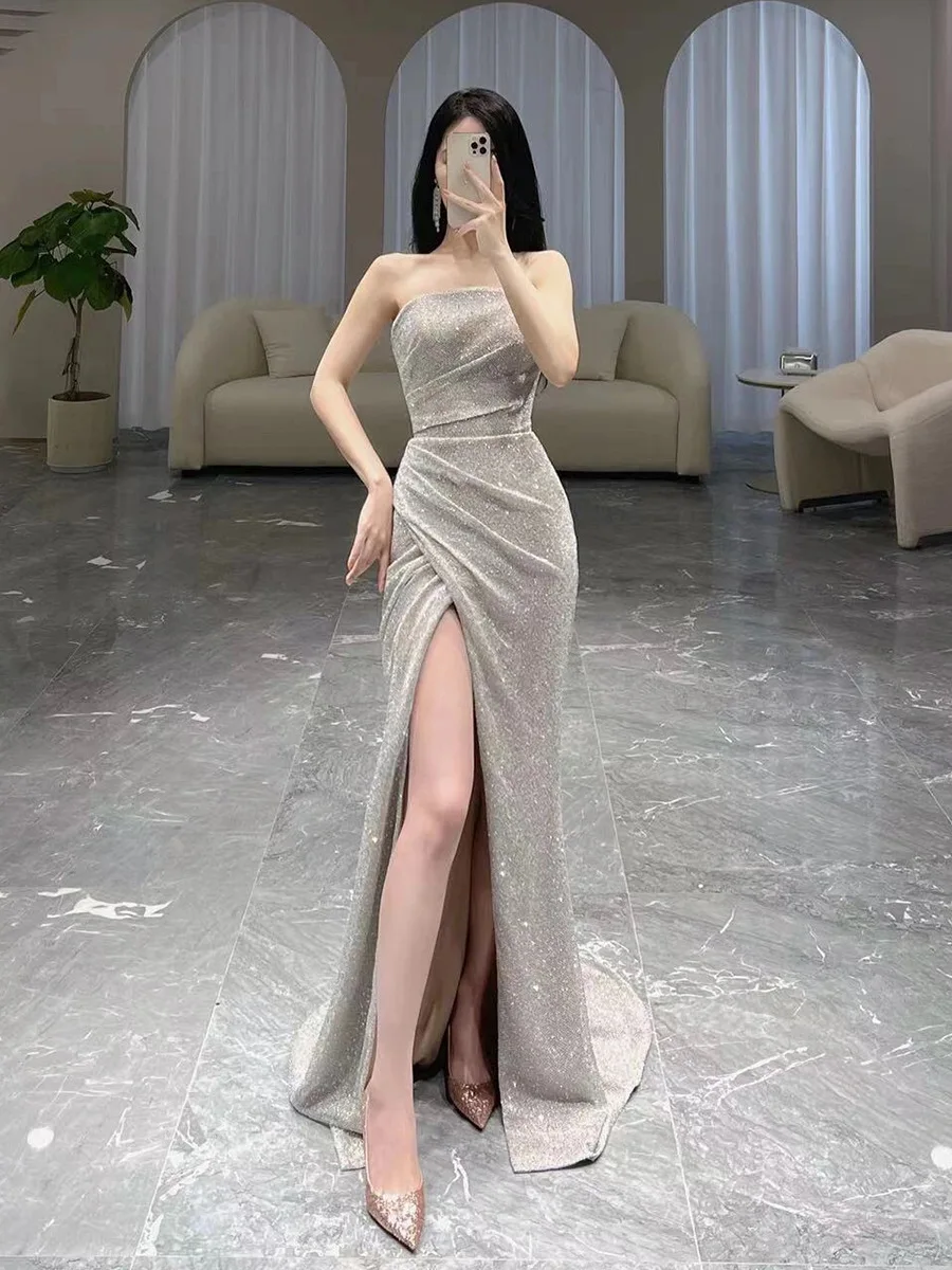 2022 נשים אלגנטית סטרפלס שמלת הערב גבוהה פיצול זמן ים עוקב שמלת מסיבת Vestidos דה פיאסטה - 2