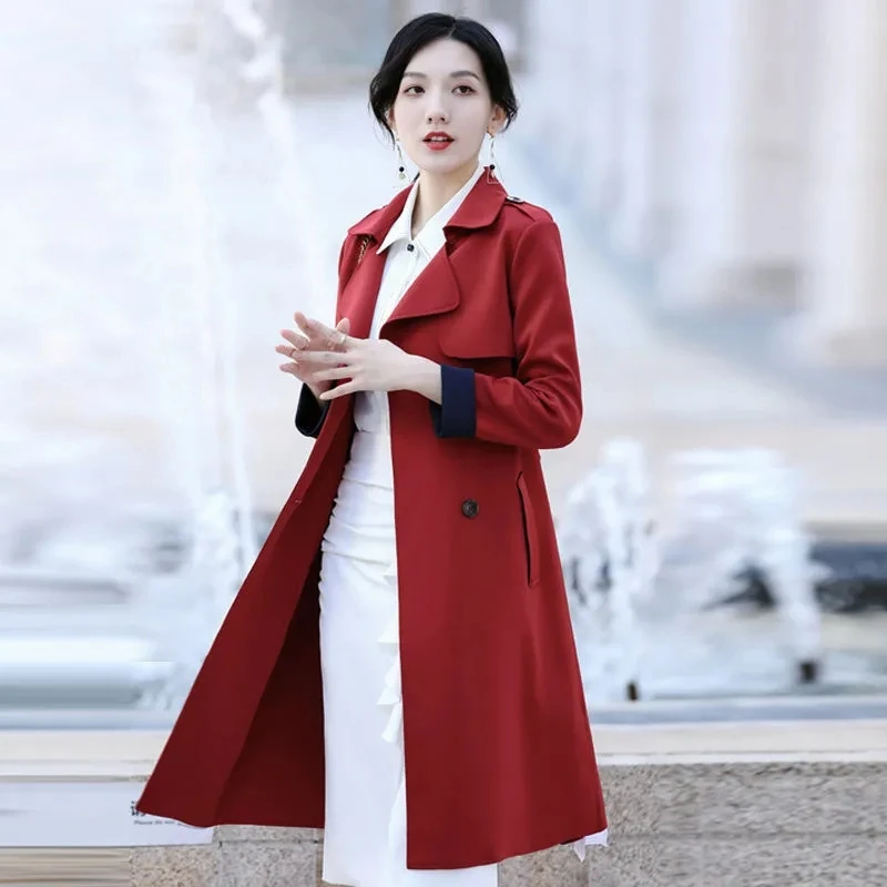 2022 סתיו דק צבע מוצק ארוך מעיל רוח אופנה קוריאנית קלאסיק זוגי עם חזה חגורת נשים מעיל אלגנטי הלבשה עליונה - 2