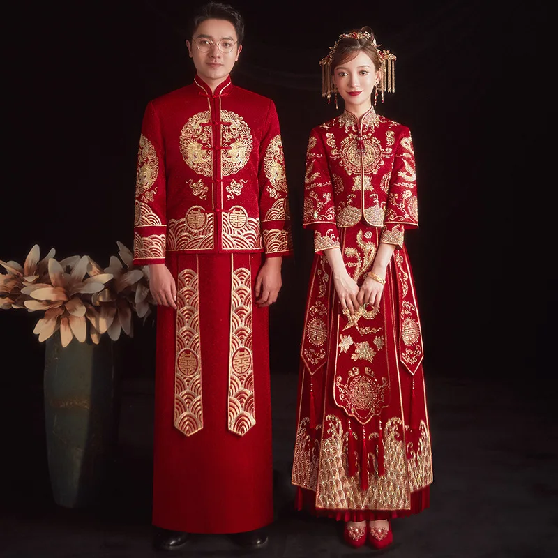 2022 רטרו סיני מעודן, מסוגנן מנדרין Cheongsam צווארון הכלה האדום פניקס רקמה שמלת החתונה - 2