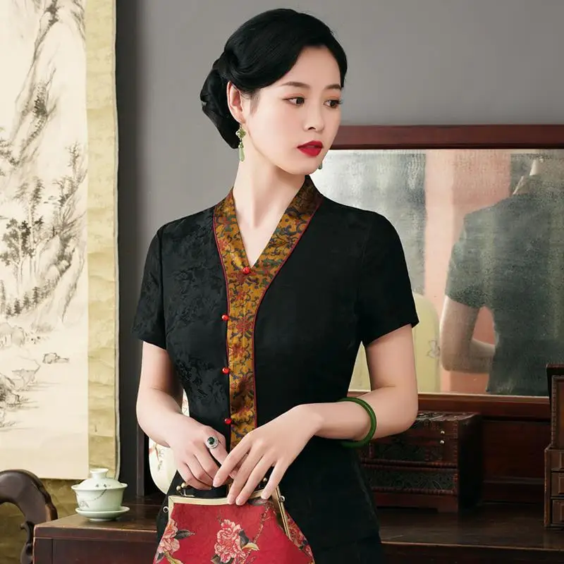 2023 החדש סינית מסורתית וינטג', חולצה קיץ v-צוואר קצר שרוול משופר קרדיגן סיני רטרו tangsuits לנשים - 2