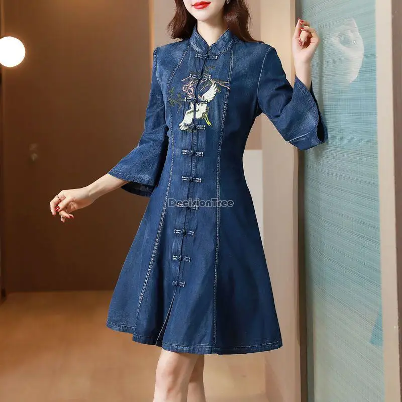 2023 סתיו סיני חדש בציר רקמה שיפור cheongsam סגנון ג ' ינס, שמלה נשית התלקח השרוול קו a-שמלה קצרה g1007 - 2