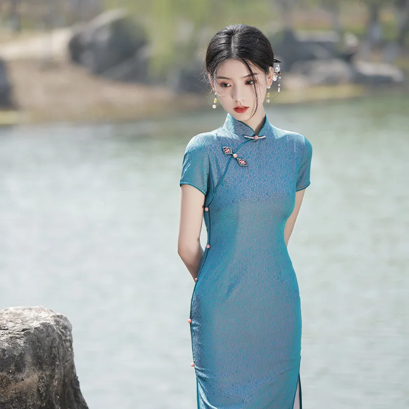 2023 קיץ כחול מקסי חרך סקסי Cheongsam אקארד אירועים בסגנון סיני שמלת ערב סלים מזג צ ' יפאו לנשים - 2