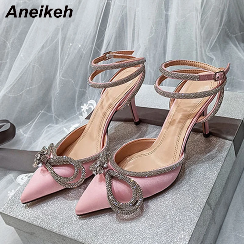 Aneikeh 41 42 PVC בסגנון נצנצים, אבנים נוצצות נשים משאבות קריסטל Bowknot סאטן הגברת משי עקבים גבוהים מסיבה נעליים 2024 אביב החדשה - 2