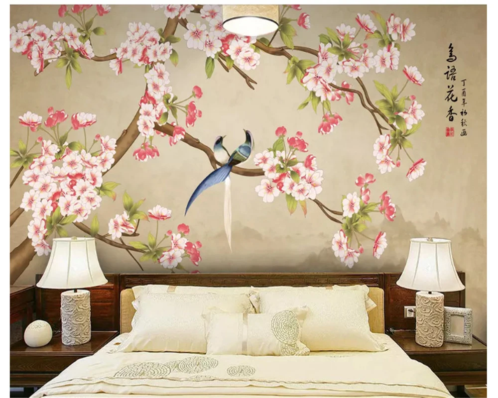 beibehang חדש בסגנון סיני מצוירים ביד אופנה נייר קיר כלבי-ים פרח ציפור נוף טלוויזיה ספה רקע טפט 3d - 2