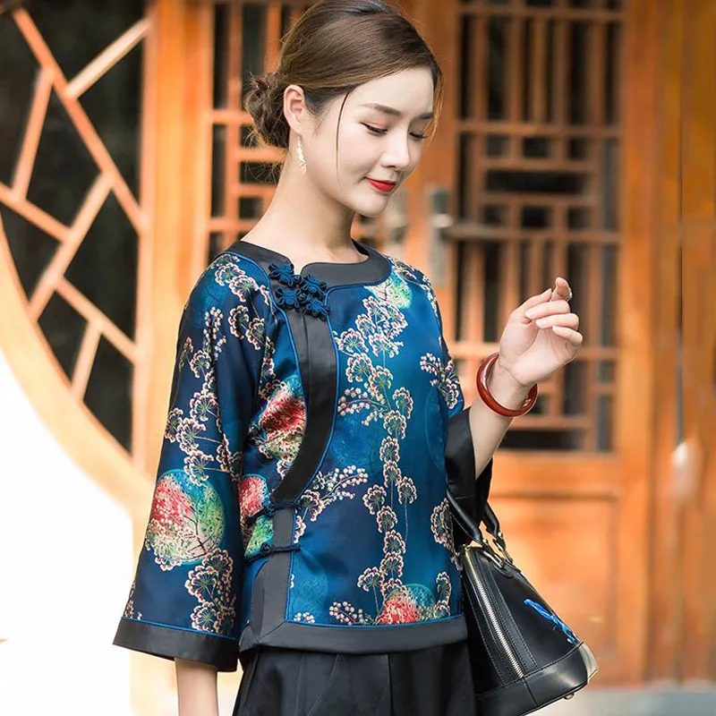 Cheongsam לנשים בתוספת גודל צמרות 2023 קיץ משי אמיתי טביעות החדרת O-צוואר מסורת סינית בסגנון רזה צ ' יפאו חולצות אישה - 2