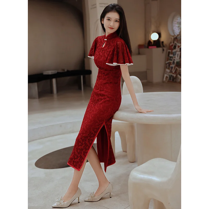 Cheongsam שמלת הסינית המודרנית Trational תחרה אדומים Cheongsams צ ' יפאו בציר מזרחי מסיבת חתונה שמלות נשים - 2