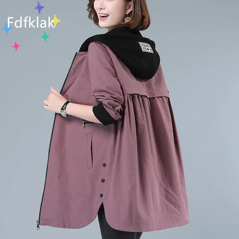 Fdfklak חדש סתיו נשים בגדים מזדמנים בסיסי מעיל כיס רוכסן מעילי רופף עם ברדס ארוך שרוול מעיל רוח נשית - 2