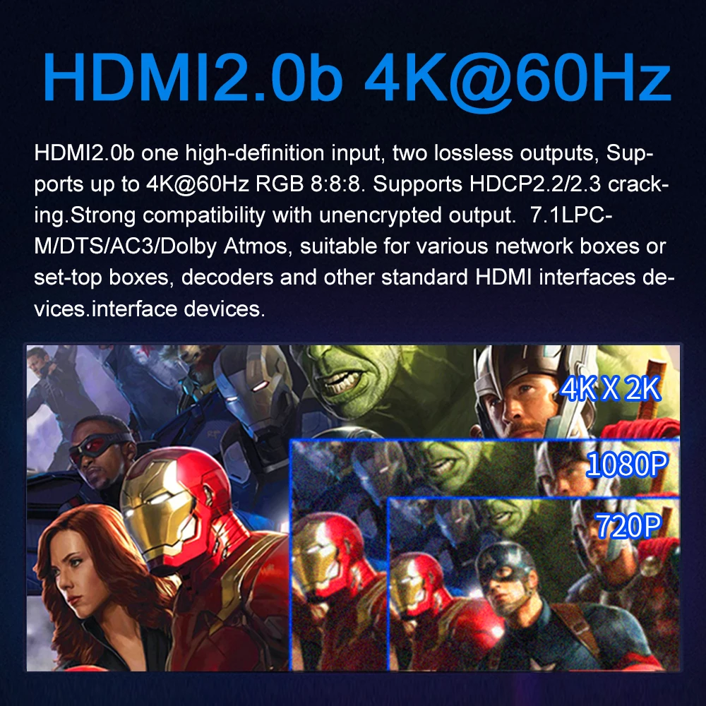 HDMI2.0b 1x2 ספליטר 4K@60HZ UHD-1 2-HDMI תואם רק Audio Extractor HDCP קראק 7.1 CH-Dolby Atmos PS TV Box - 2