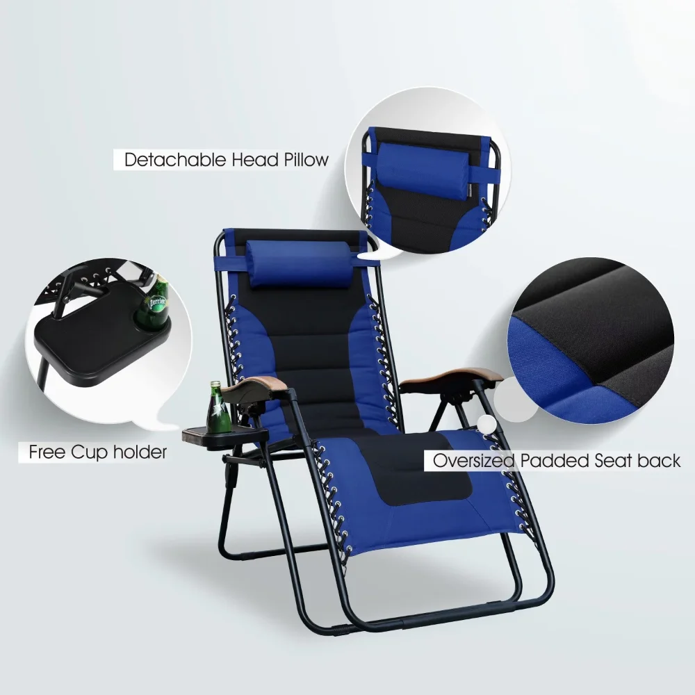 MF סטודיו XL גדול מרופד אפס כבידה כיסא מתקפל טרקלין כורסאות עם מחזיק כוסות כחול - 2