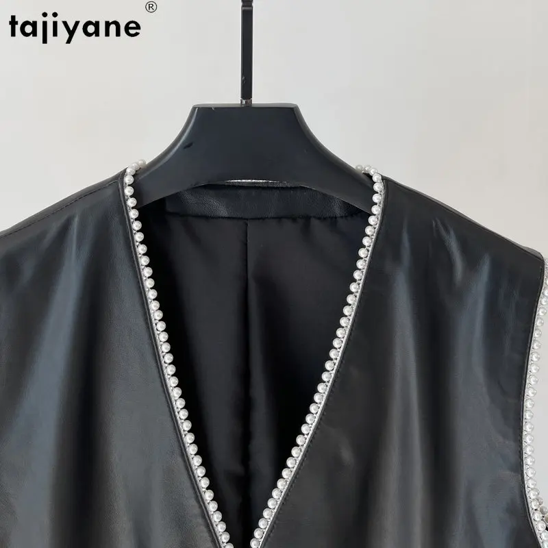 Tajiyane אמיתי עור כבש ג ' קט עור נשים V-neck עור אמיתי האפוד לנשים ללא שרוולים מעילי עור שחור אופנת רחוב - 2
