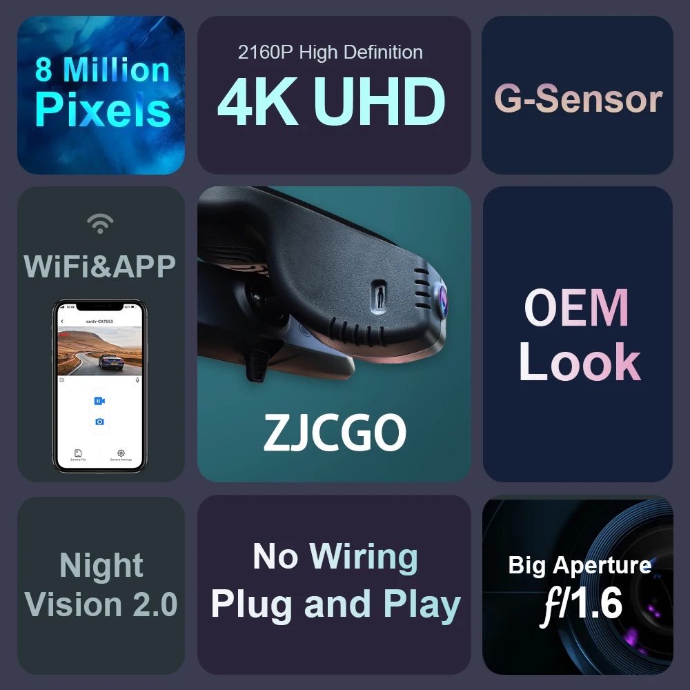 ZJCGO דאש מצלמת 4K UHD 2160P רכב DVR מקליט וידאו ראיית הלילה, חניה גיאומטריה G6 2022 2023 2024 - 2