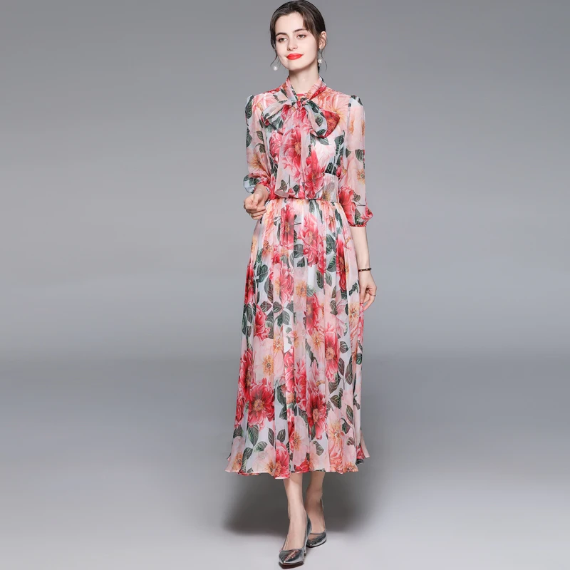 ZUOMAN נשים אביב פרחוני אלגנטי שיפון שמלה לפסטה באיכות גבוהה מסיבת חתונה חלוק נשי בציר קשת מעצב Vestidos - 2
