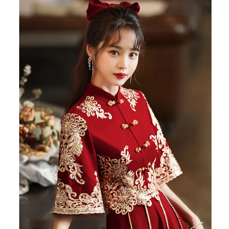 אדום מסורתי שמלת הכלה הסינית החתונה Cheongsam וינטאג אלגנטית טוסט בגדים מודרניים ערב המפלגה שמלת צ ' יפאו Vestido - 2