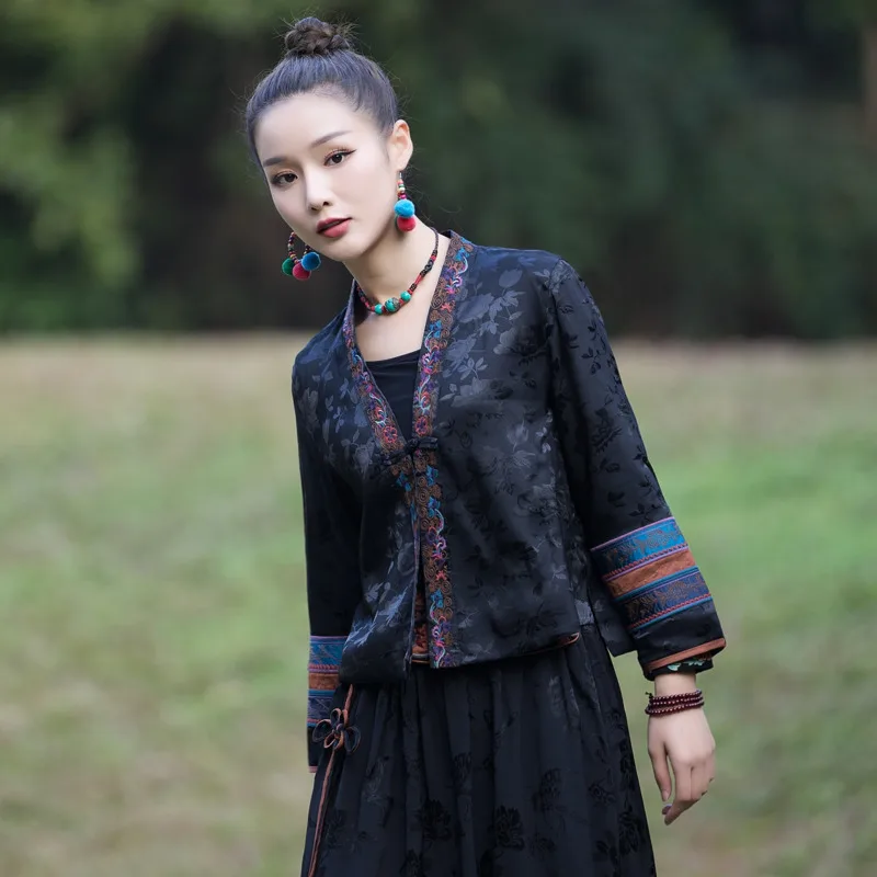 אתני חדש רקמה קרדיגן מעיל קצר נשים רטרו טאנג חליפה שרוול ארוך בסגנון סיני ' קט סיני בגדים צוואר V Hanfu - 2