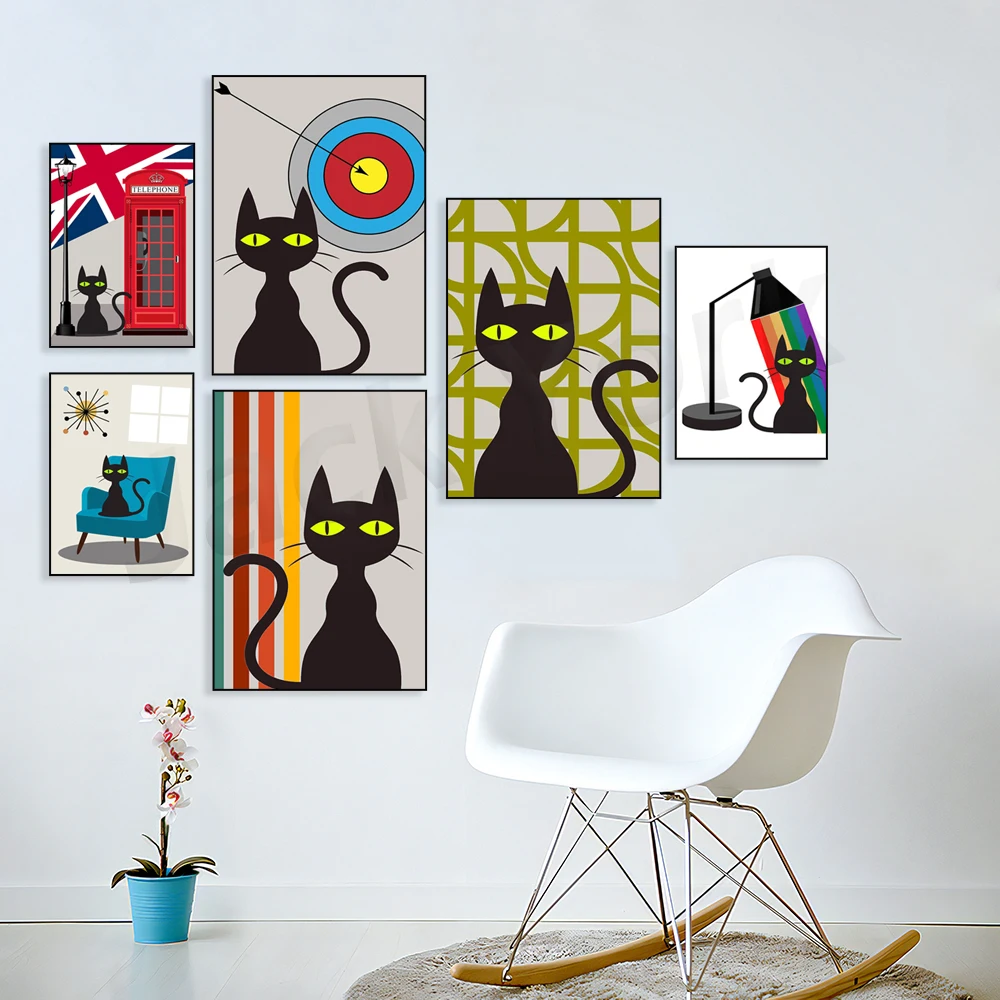 באמצע המאה אמנות מודרנית הדפסה, חתול שחור הדפס מתנה, גאווה קשת אמנות הדפס רטרו צבע החתול פוסטר צבעוני אמנות קיר - 2