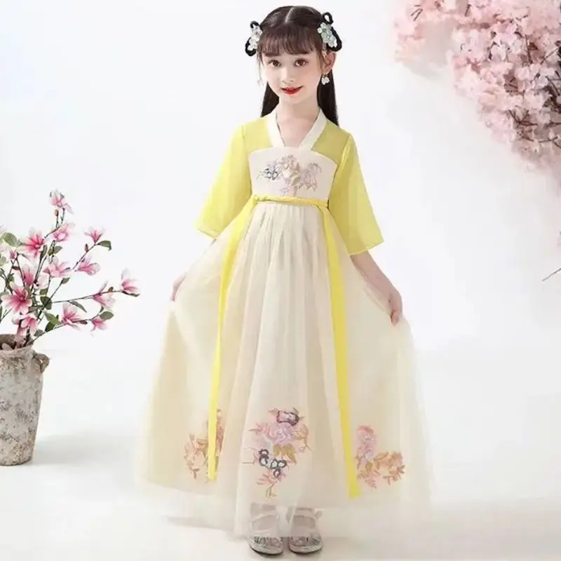 בנות ילדים תחפושת נסיכת פיות הסינית מסורתית בסגנון חזה מלא באביב ובסתיו ילדים צהובים Hanfu השמלה - 2
