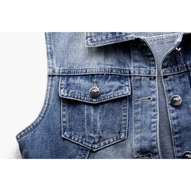 בציר כחול חורים בכיס מכנסי ג 'ינס אפוד נשים סלים קצר תלמיד קאובוי הז' קט הקיץ הקוריאני מזדמן וחולצת ג ' ינס האפוד נקבה - 2