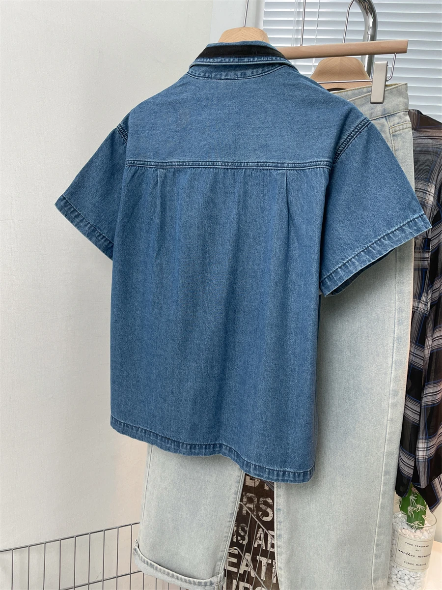 האמריקאי רקמה חיה ג 'ינס חולצה ז' קט נשי קיץ משוחררת עם שרוולים קצרים הלבשה עליונה קרדיגן העליון - 2