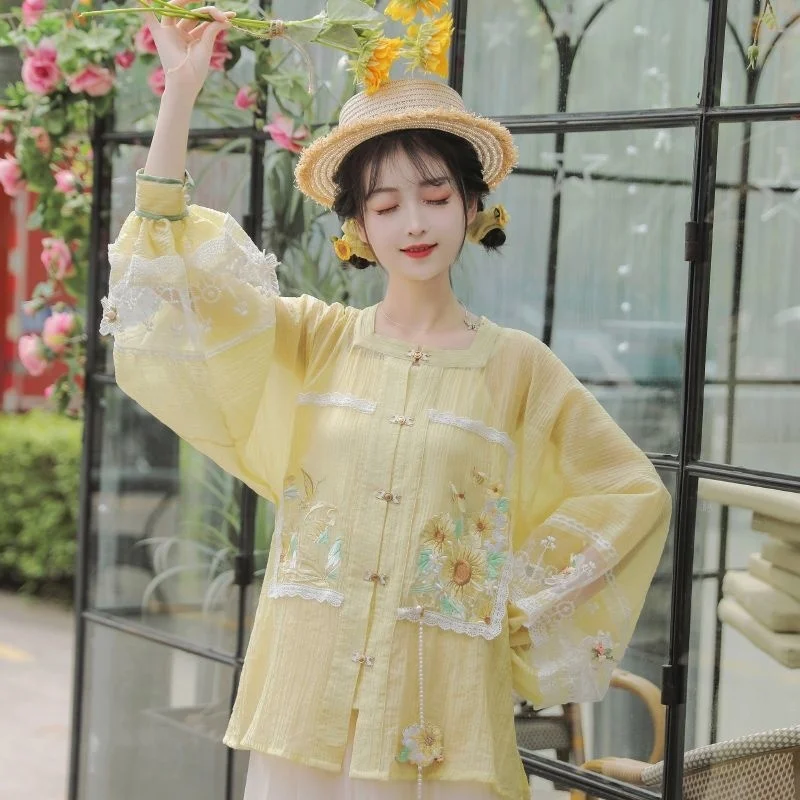 האן Xuming גרם Hanfu. נשים יכולות ללבוש חמניות מוצק צבע גודל גדול קצרים חולצה עם צוואר מרובע חצי שרוולים יומי - 2