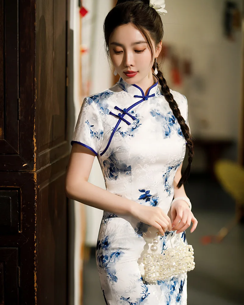 הסגנון הסיני המסורתי המשופר Cheongsam גבוהה פיצול בציר שמלת נשים פרחוני הדפסה סלים צ ' יפאו - 2