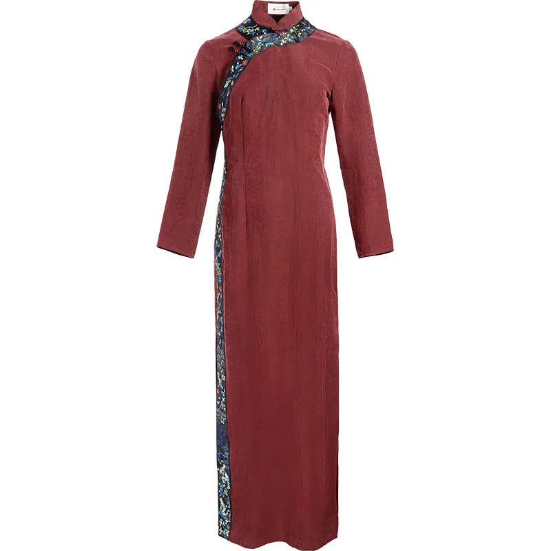 חיים משמאל נשים Gambiered גואנגדונג גזה שיפור Cheongsam שרוול ארוך רקמה מסורתית סינית שמלת משי - 2