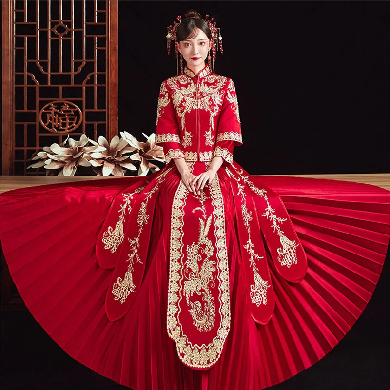 חתונה צ 'יפאו Cheongsam תלבושת כלה וינטאג' בסגנון סיני מסורתי אדום מלכותי פיניקס רקמה טאנג חליפה - 2