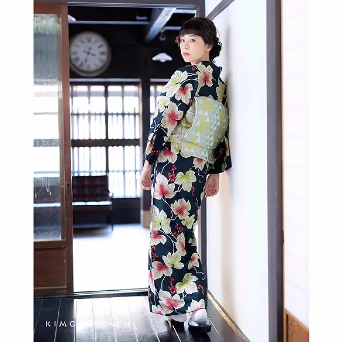 יפנית מסורתית רשמית ללבוש קימונו לנשים כפול בדים גרגר קטן ענבים משאיר סיבים כימיים ללא קמטים ללא גיהוץ - 2