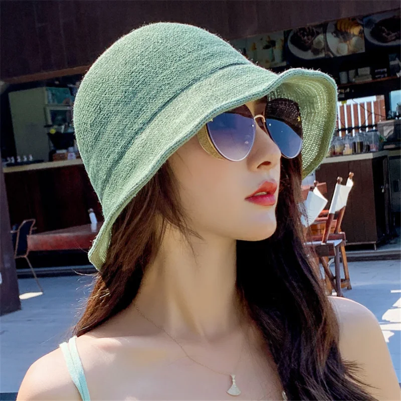 מותג חדש בקיץ כובע קש נשים אופנה נסיעות לפנמה נקבה מגמה דלי כובע ליידי שמשיה לנשימה השמש כמוסות - 2