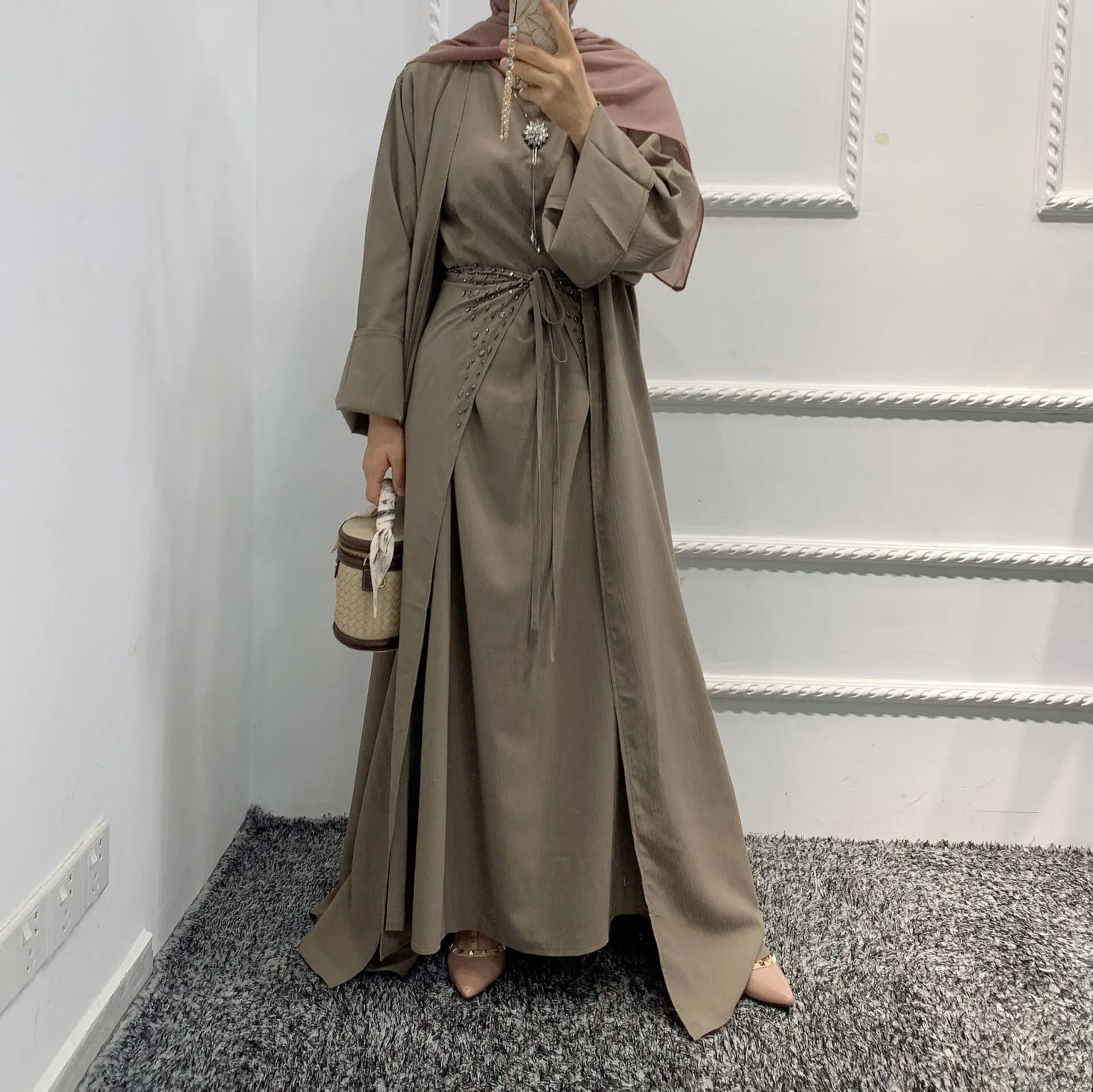 מלאכת-יד חרוזים 3 חתיכה המוסלמים להגדיר התאמת הלבוש מקומט קרפ פתוח Abaya קימונו שרוול ארוך שמלה לעטוף את החצאית דובאי סתיו - 2