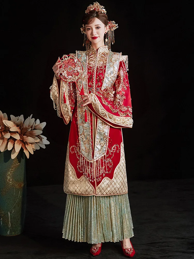 מסורתית מינג מערכת פייטים חרוזים רקמה נישואין להגדיר הכלה החתן טוסט בגדי וינטג ' Cheongsam שמלת החתונה - 2