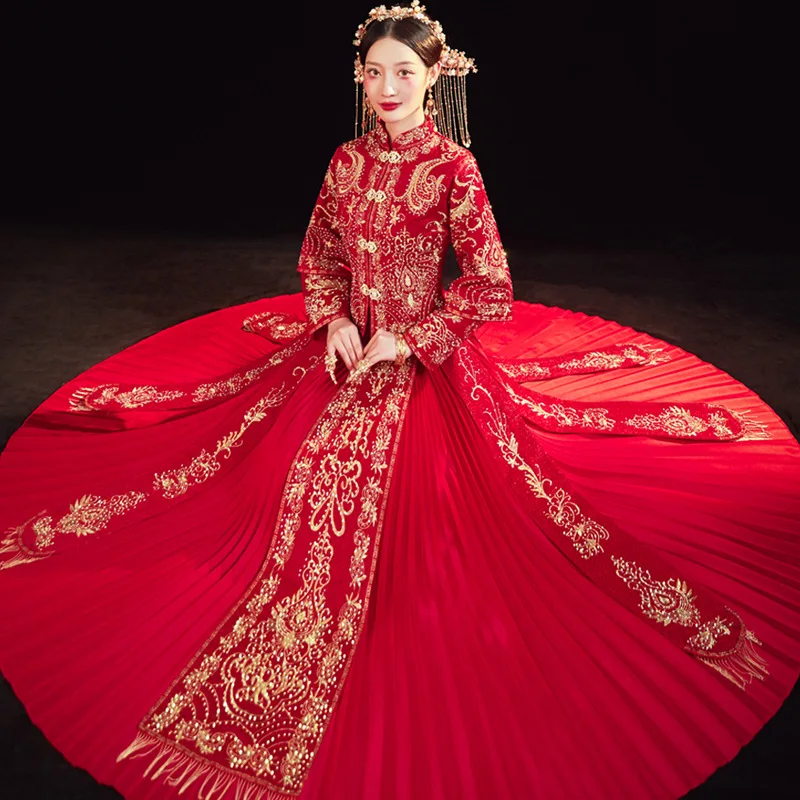 נשים האדום רקמה שמלת חתונה אלגנטית מנדרין צווארון נישואין Cheongsam טוסט בגדים - 2