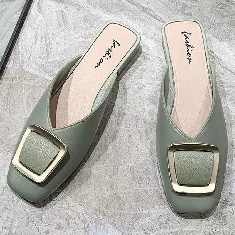 נשים נעלי קיץ להחליק על פרדות מזדמנים נעלי אבזם רבוע הבוהן נעליים שטוחות סנדלים מעצב מותג סנדלי נשים 2021 אופנה חדשה - 2