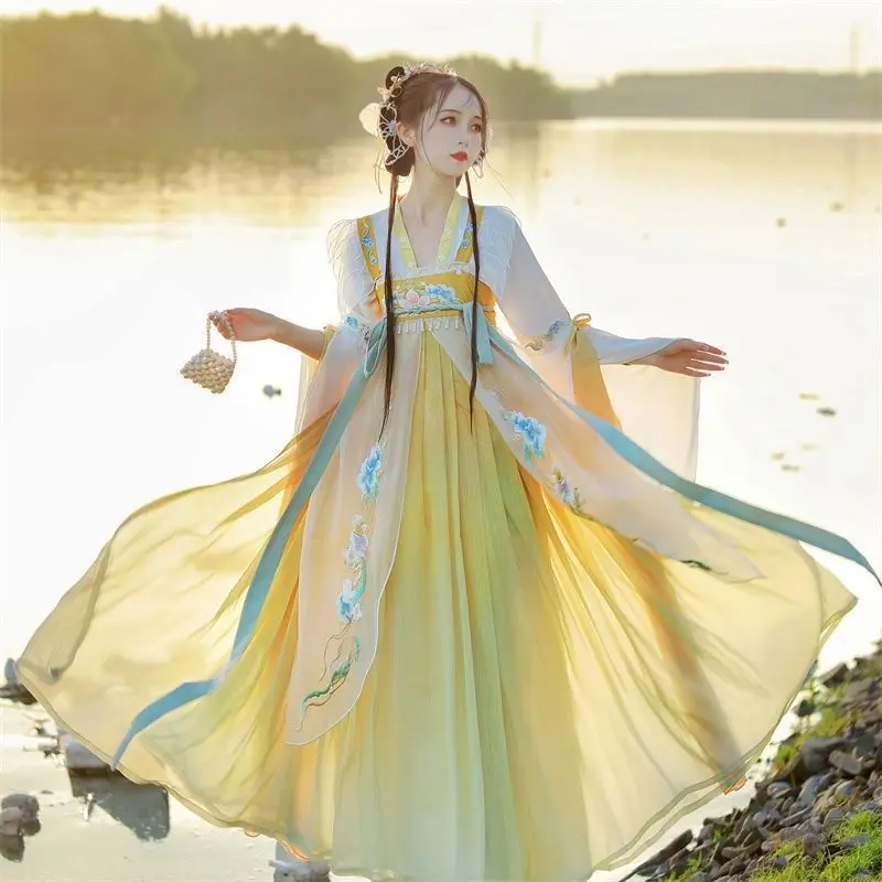 נשים צהוב רקמה פרחונית, שמלה סינית מסורתית Hanfu תחפושת נסיכה פולק בגדי ריקוד - 2