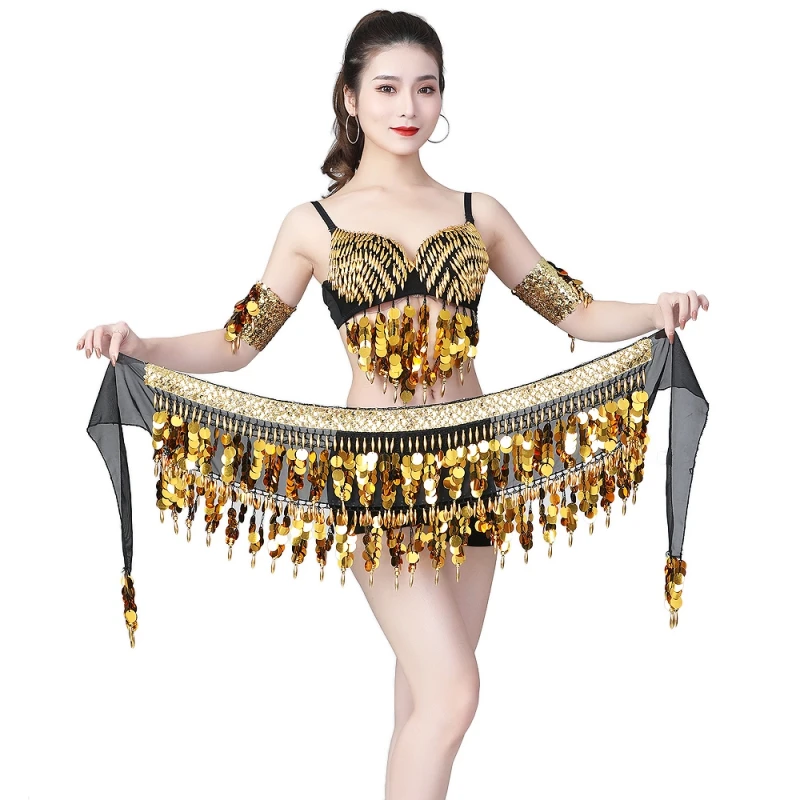 נשים ריקודי בטן היפ צעיף 3 שורה חגורת חצאית עם זהב Bellydance צליל מטבעות המותניים שרשרת גלישה למבוגרים לרקוד ללבוש אביזרים - 2