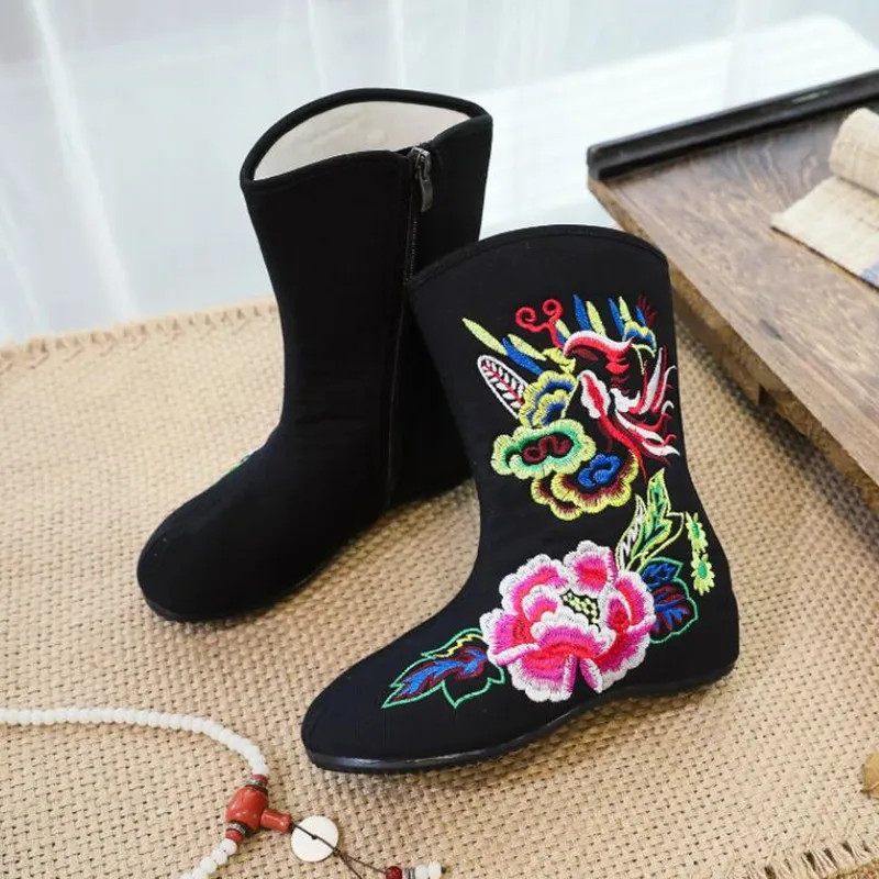 סגנון אתני רקום קצר מגפי נשים ישנות בייג ' ינג בד כותנה נעלי נשי משובח רוכסן בצד קרסול אתחול סתיו נעליים - 2