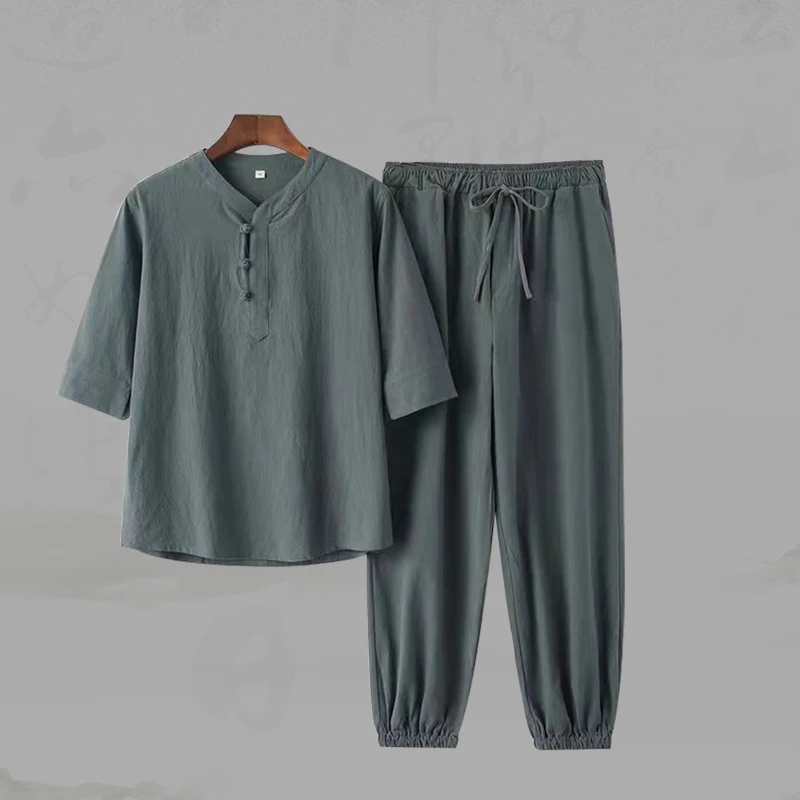 סינית מסורתית טאנג חליפה בתוספת גודל Hanfu סטים קונג פו חליפת קיץ כותנה פשתן גברים מזדמנים צמרות & מכנסיים להאריך ימים יותר Loungewear - 2