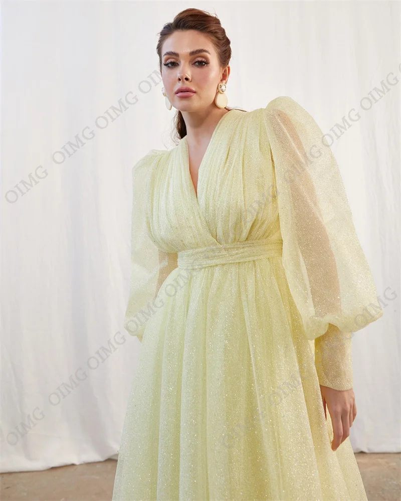צהוב נצנצים בלינג ערב רשמי שמלה ארוכה נשים אלגנטי 2023 צוואר V מלאה שרוולים קפלים קו אורך רצפת שמלת נשף - 2