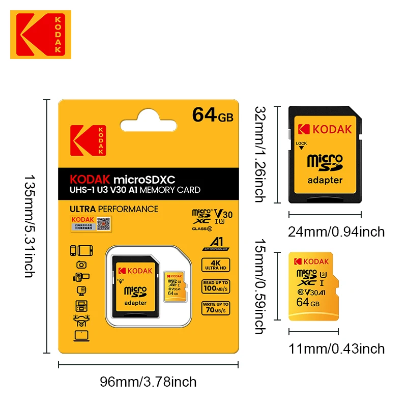 קודאק מיקרו SD 512GB 256GB 128GB 64GB 32GB Class10 כרטיס זיכרון פלאש U3 4K Cartao de memoria + קורא כרטיסים - 2