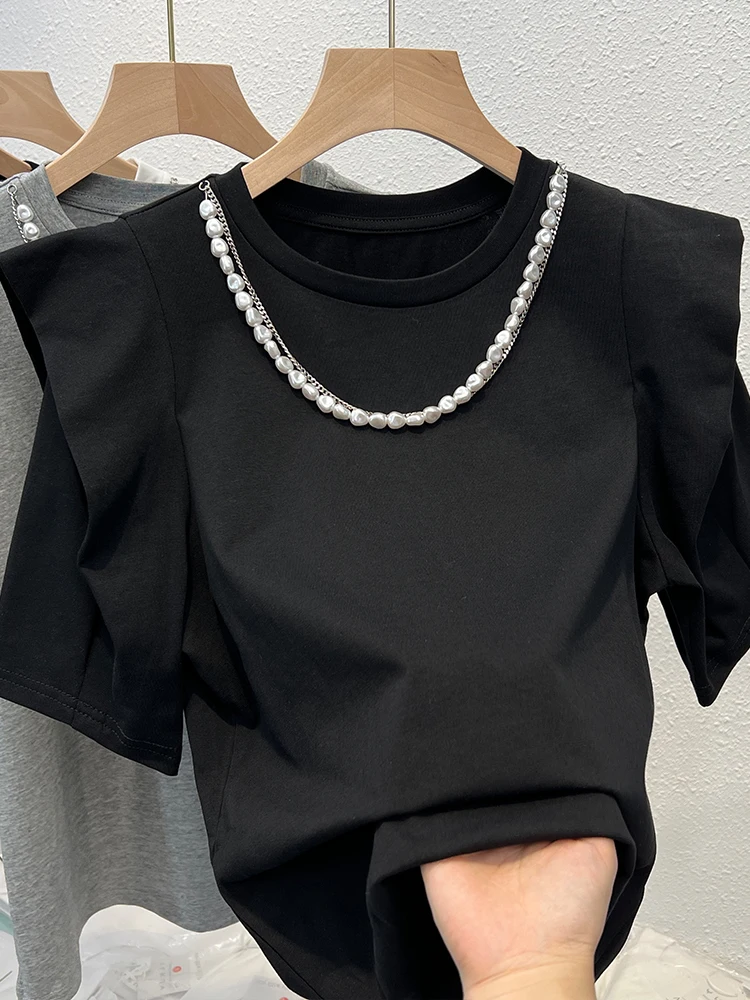 קוריאה סגנון שרוול קצר כותנה חולצות נשים קיץ פנינים עיצוב אלגנטי מוצק פשוטה מקסימום גברת מזדמן אופנתי Tees Футболка - 2